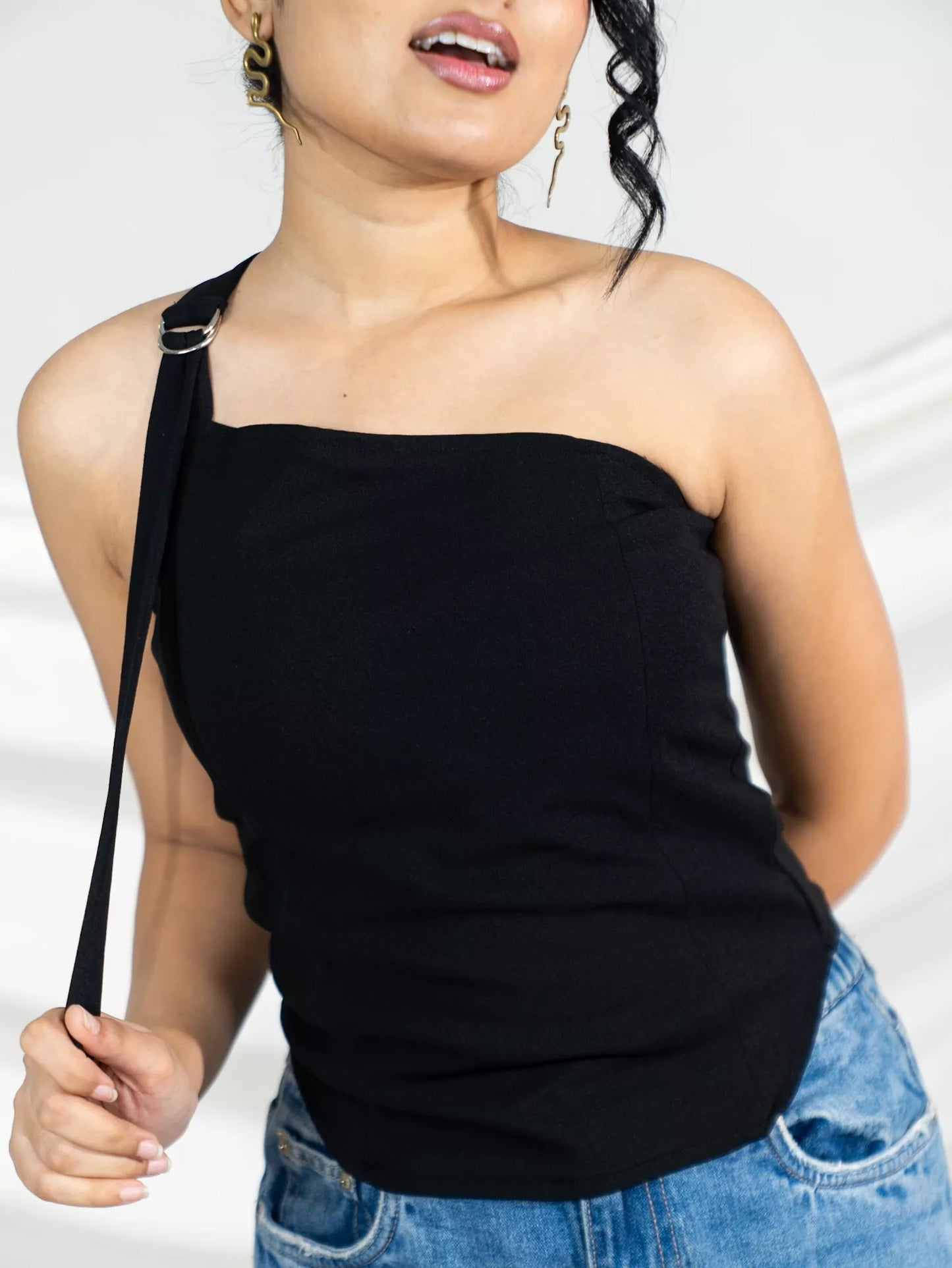 Black One Shoulder D Ring Top