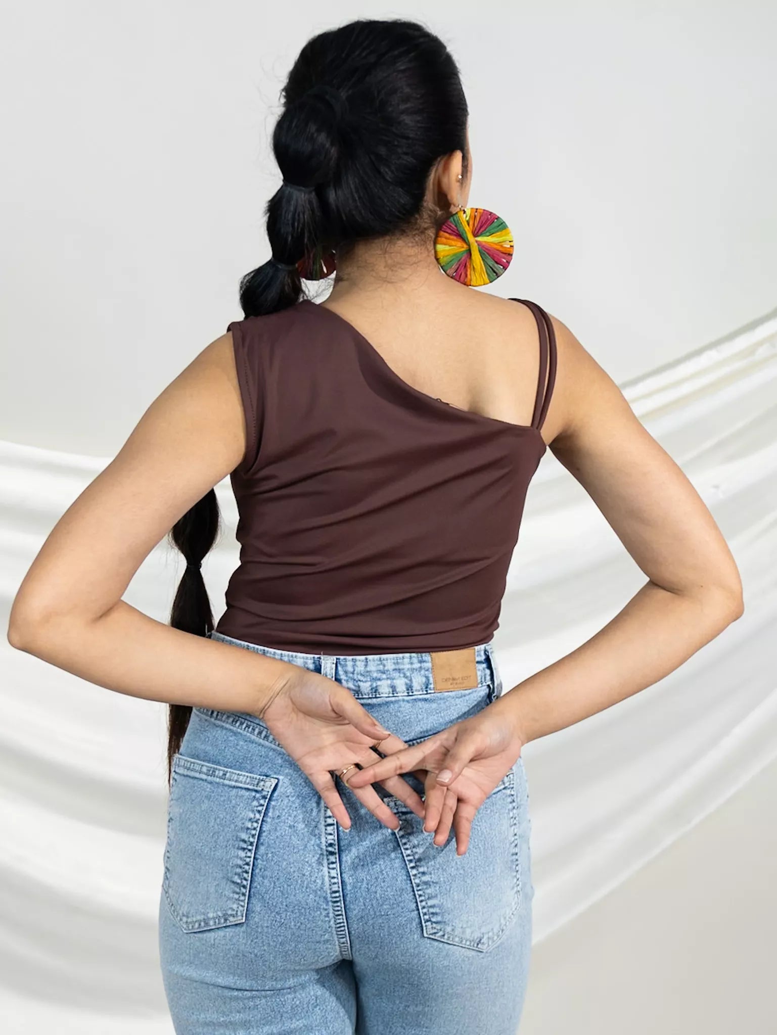 Brown One Shoulder Tie Top