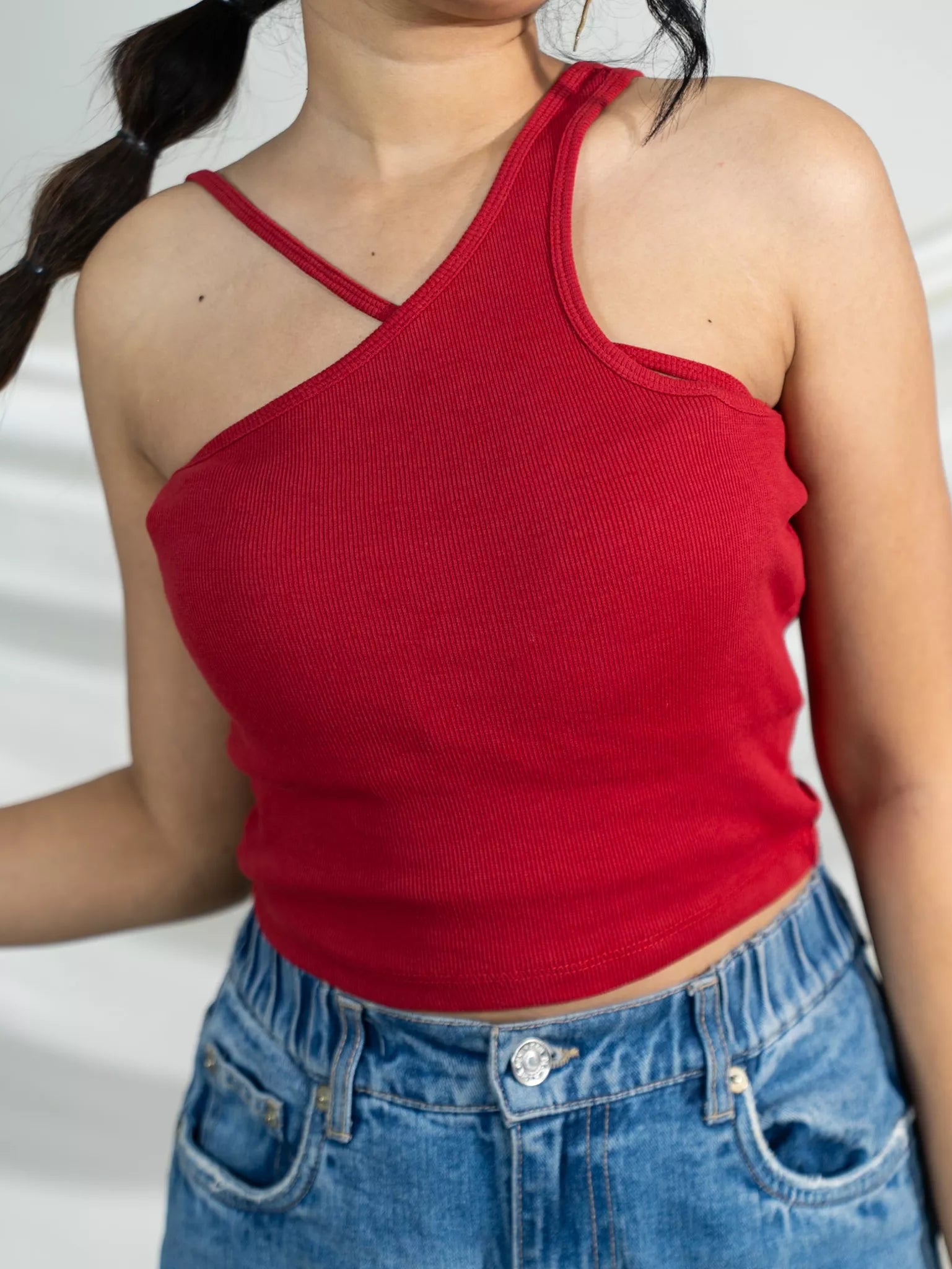 Red One Shoulder Rib Tank Top