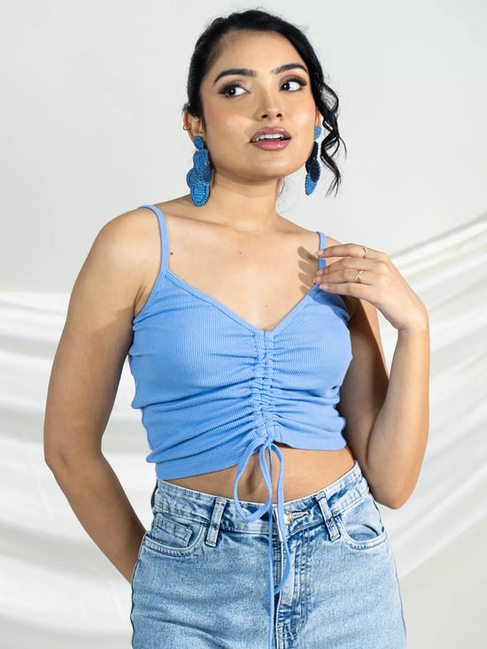 Blue Front Ruched Rib Top