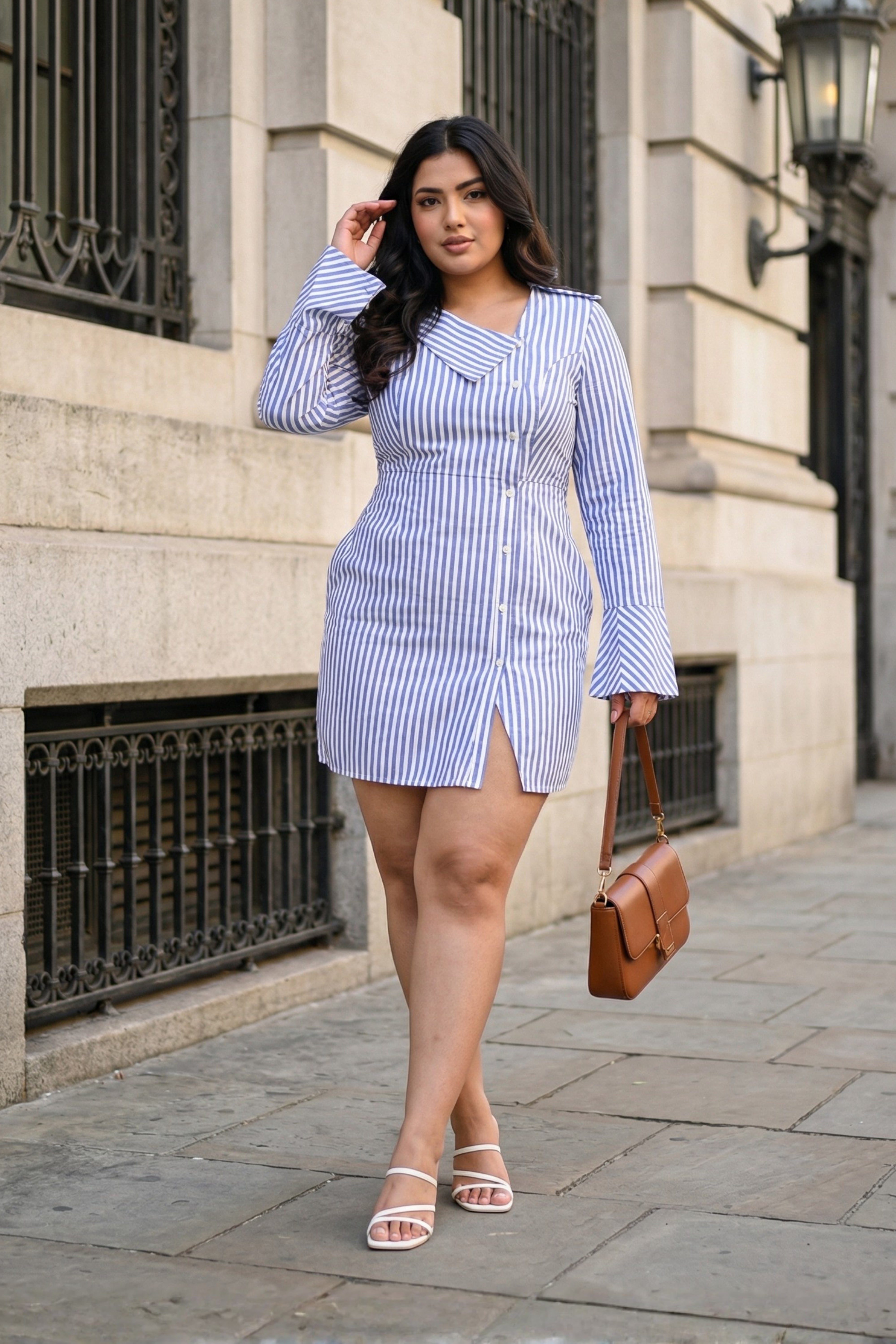 Asymmetric Collar Striped Shirt Dress