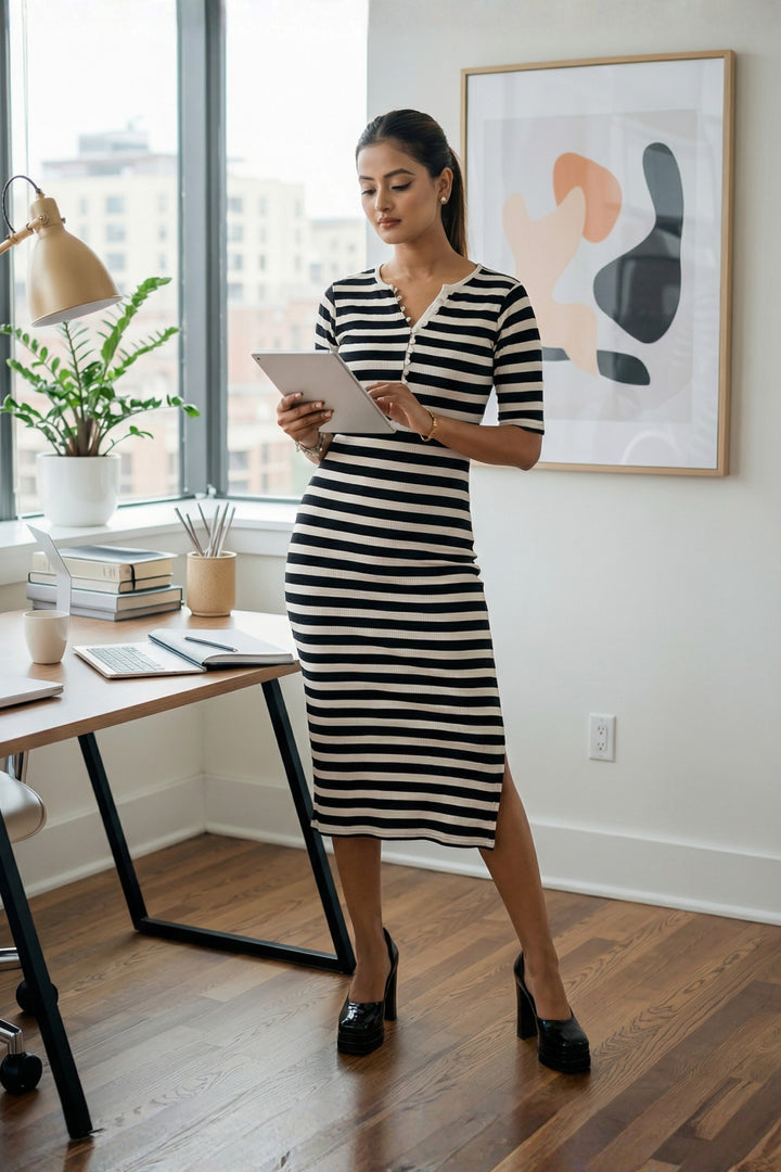 Stripe Pearl detail bodycon dress