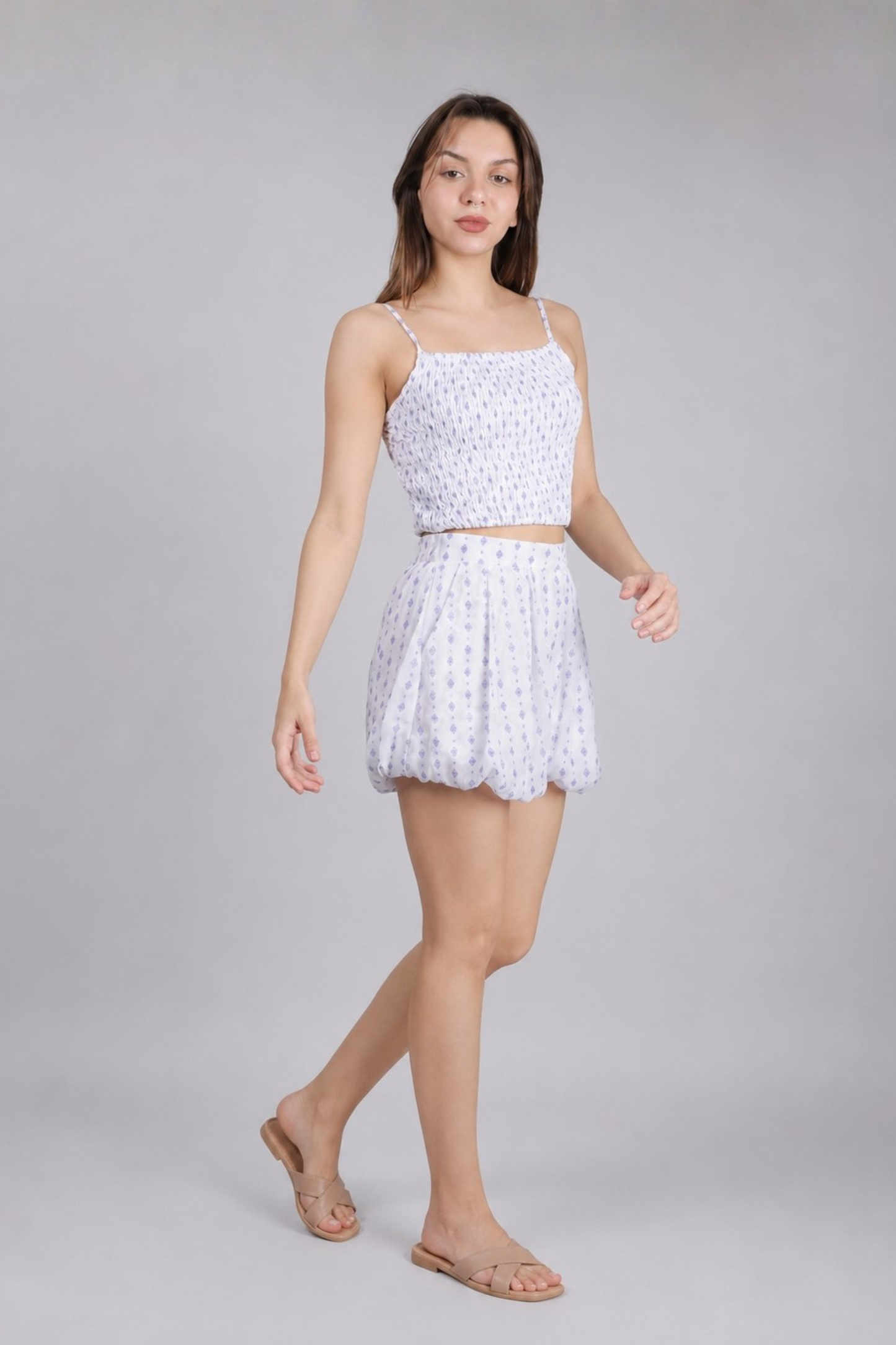 White Printed Top With Baloon Short Cord-Set