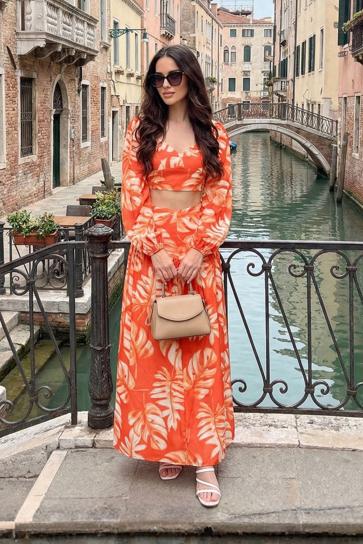 Orange Leaf Print Top With Skirt Cord Set