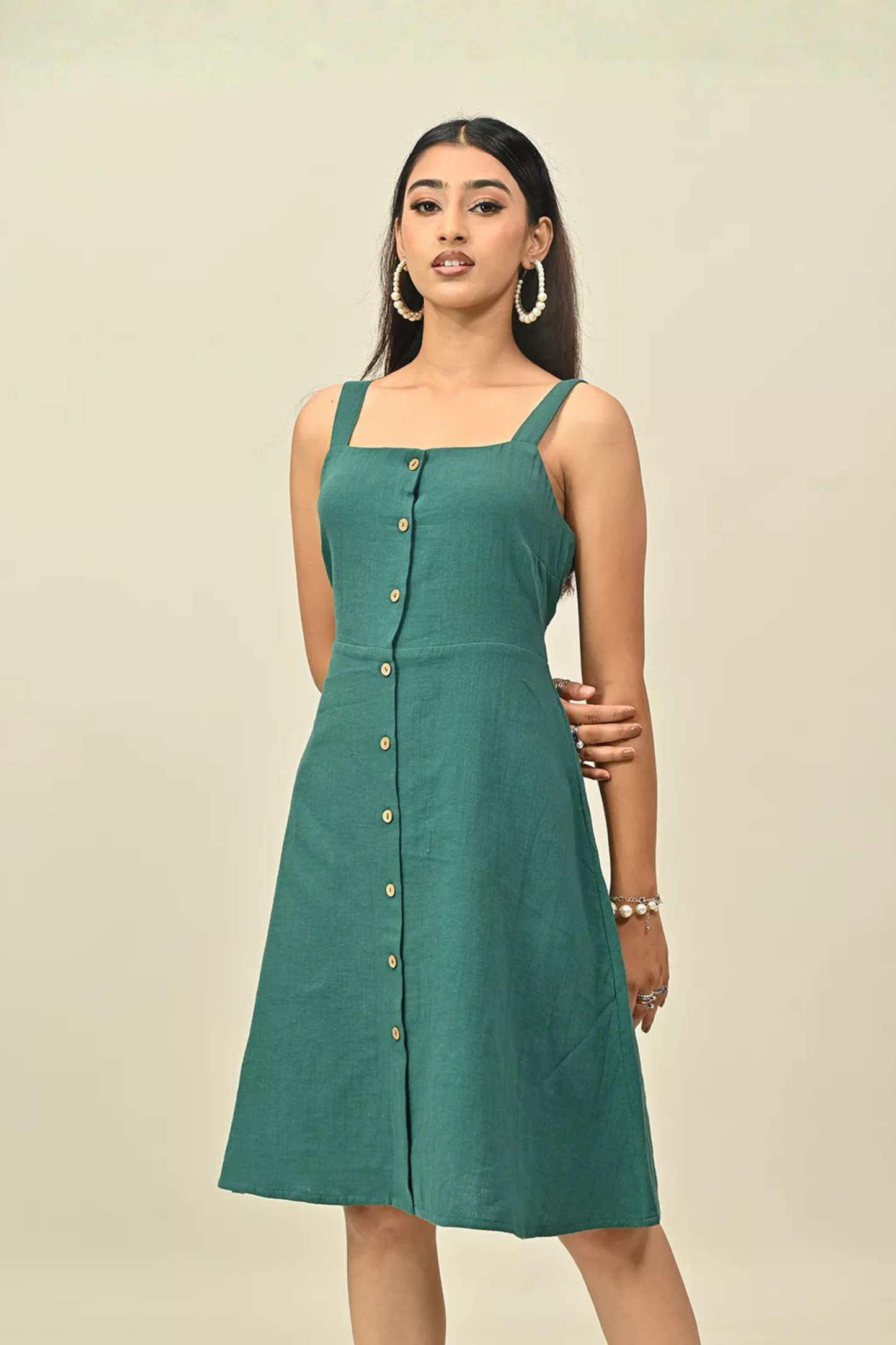 Green Front Button Strappy Dress