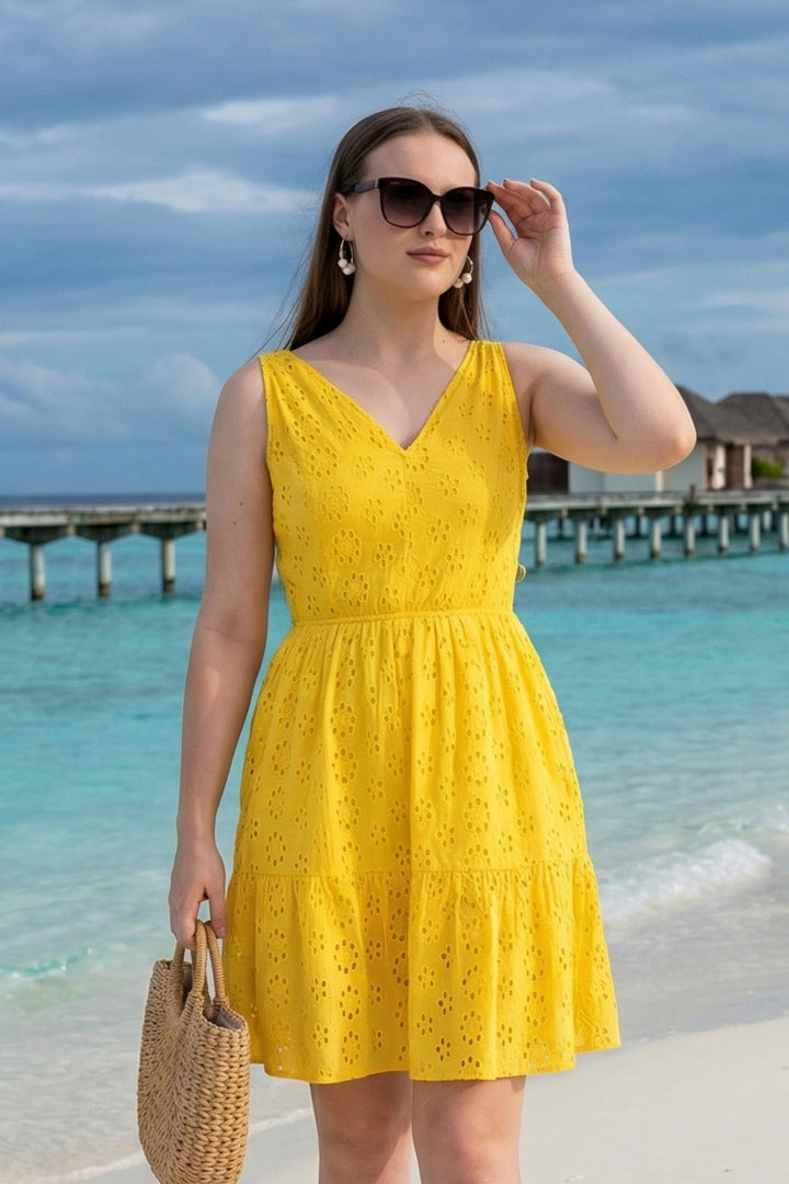 Yellow Schiffli Side Cutout Mini Dress
