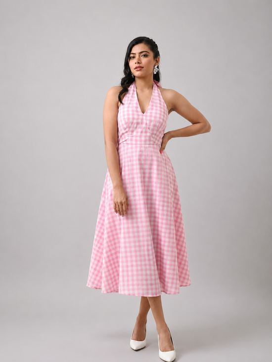 Gingham Halter Neck Flared Dress