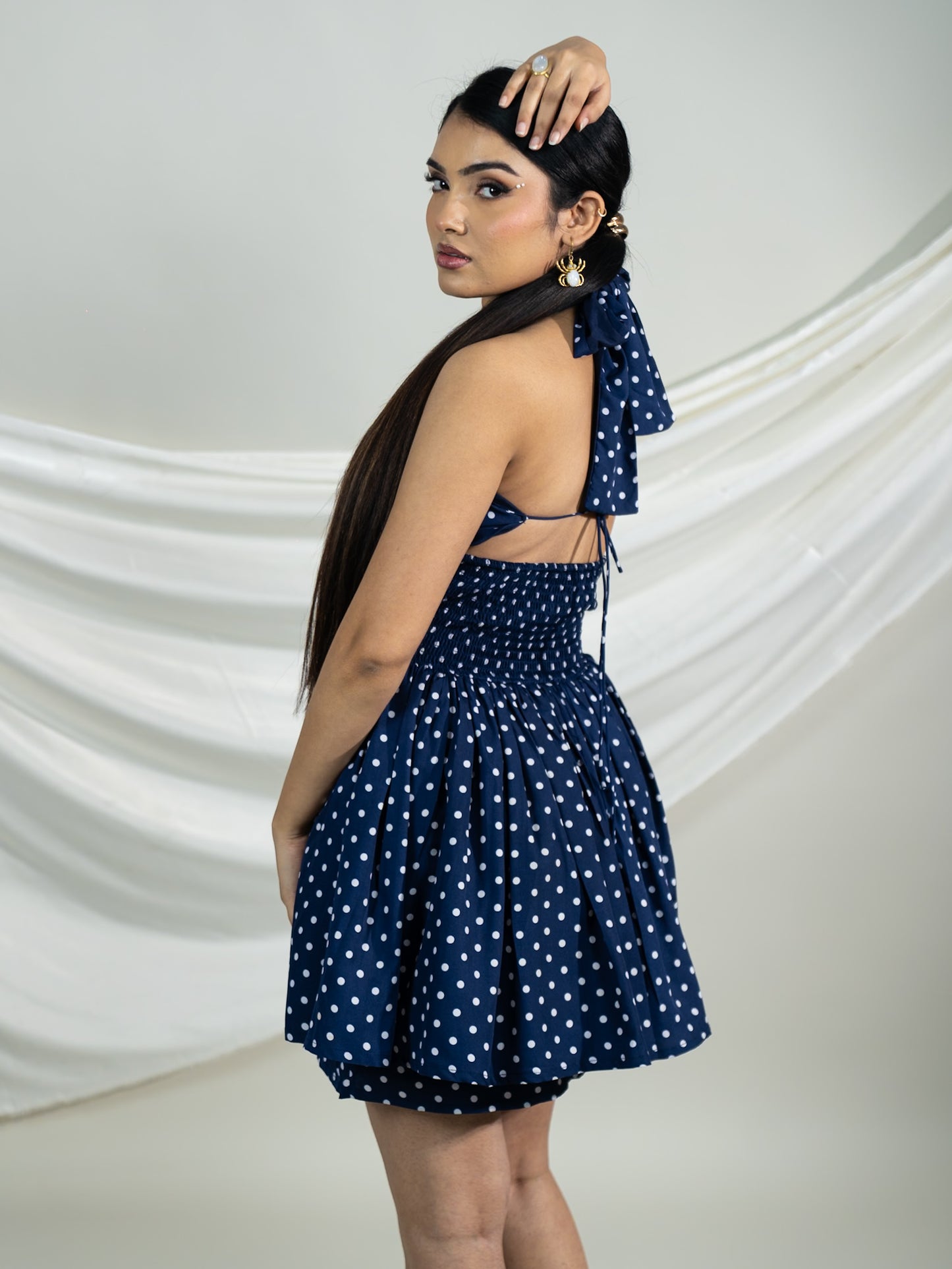 Navy Blue Polka Halter Mini Dress