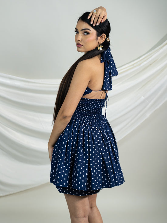 Navy Blue Polka Halter Mini Dress