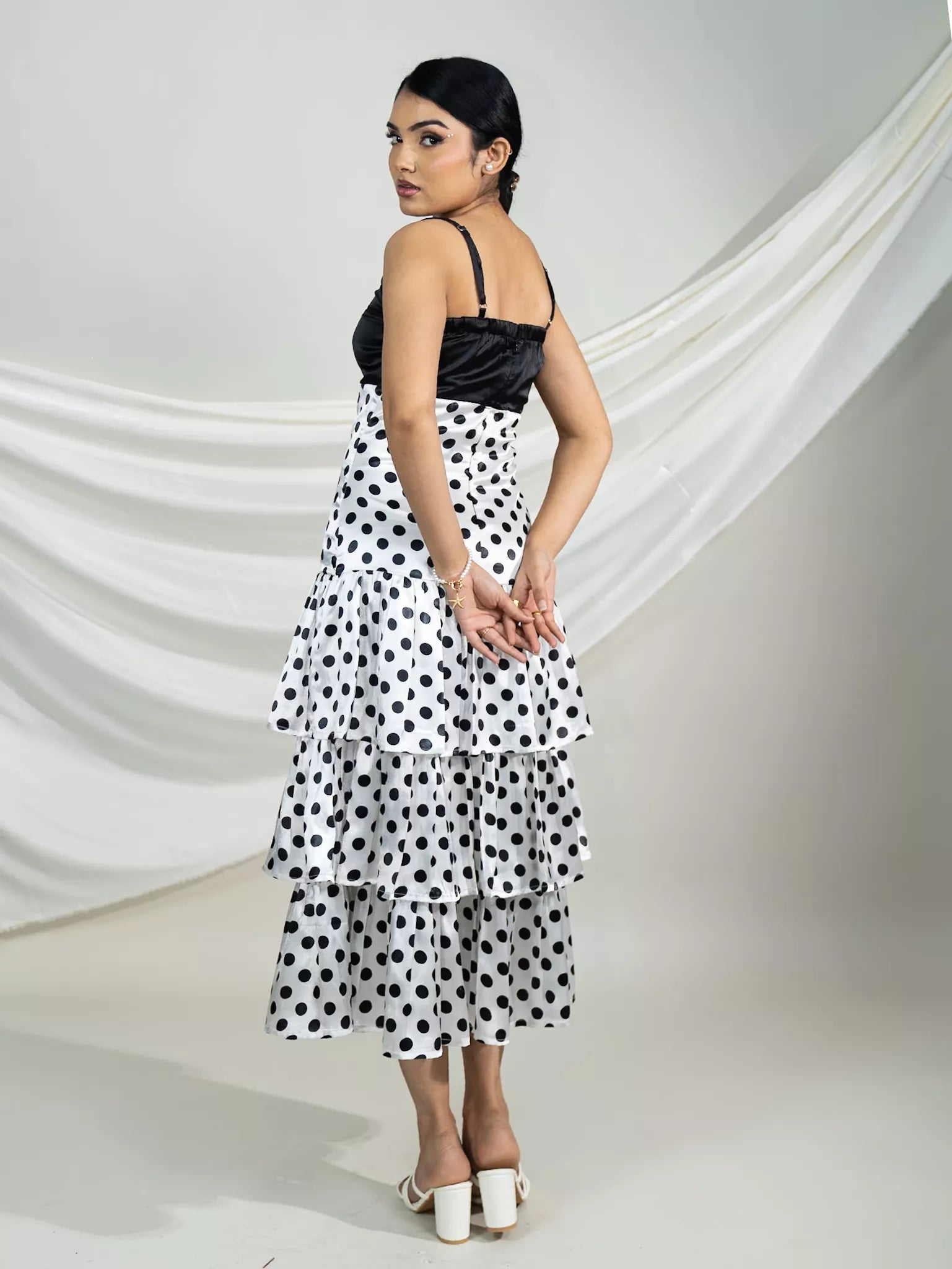 Monochrome Polka Tiered Midi Dress