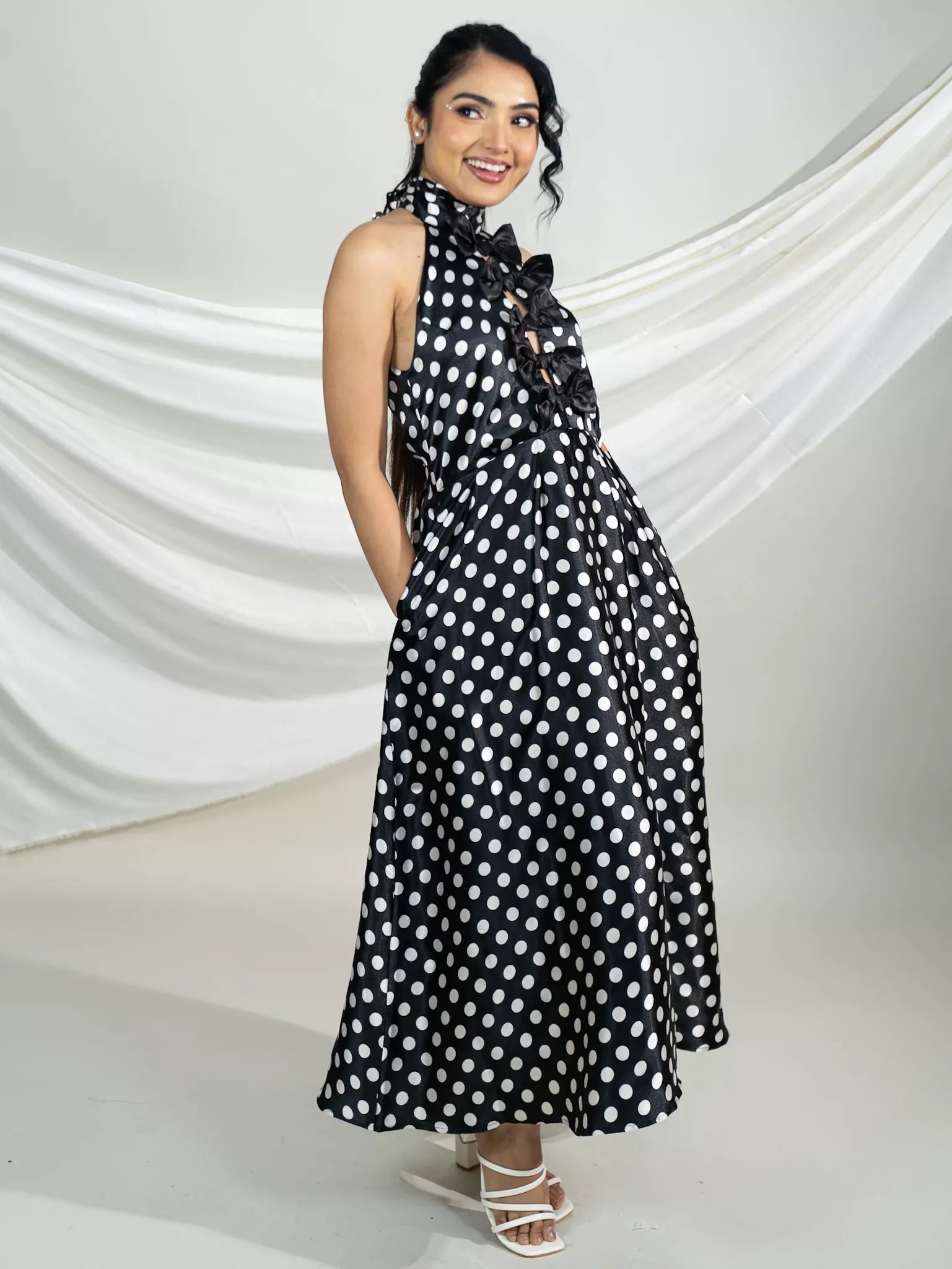 Polka Halter- Neck Bow Midi Dress