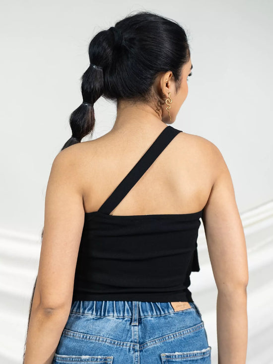 Black One Shoulder D Ring Top