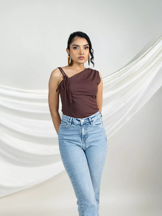 Brown One Shoulder Tie Top