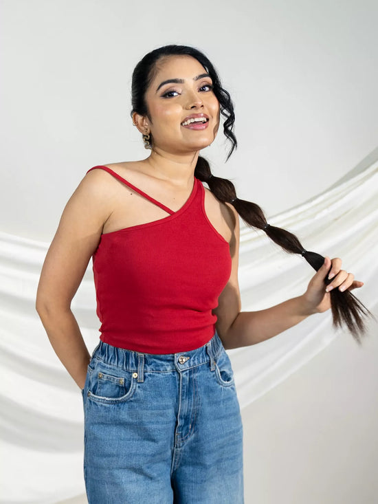 Red One Shoulder Rib Tank Top