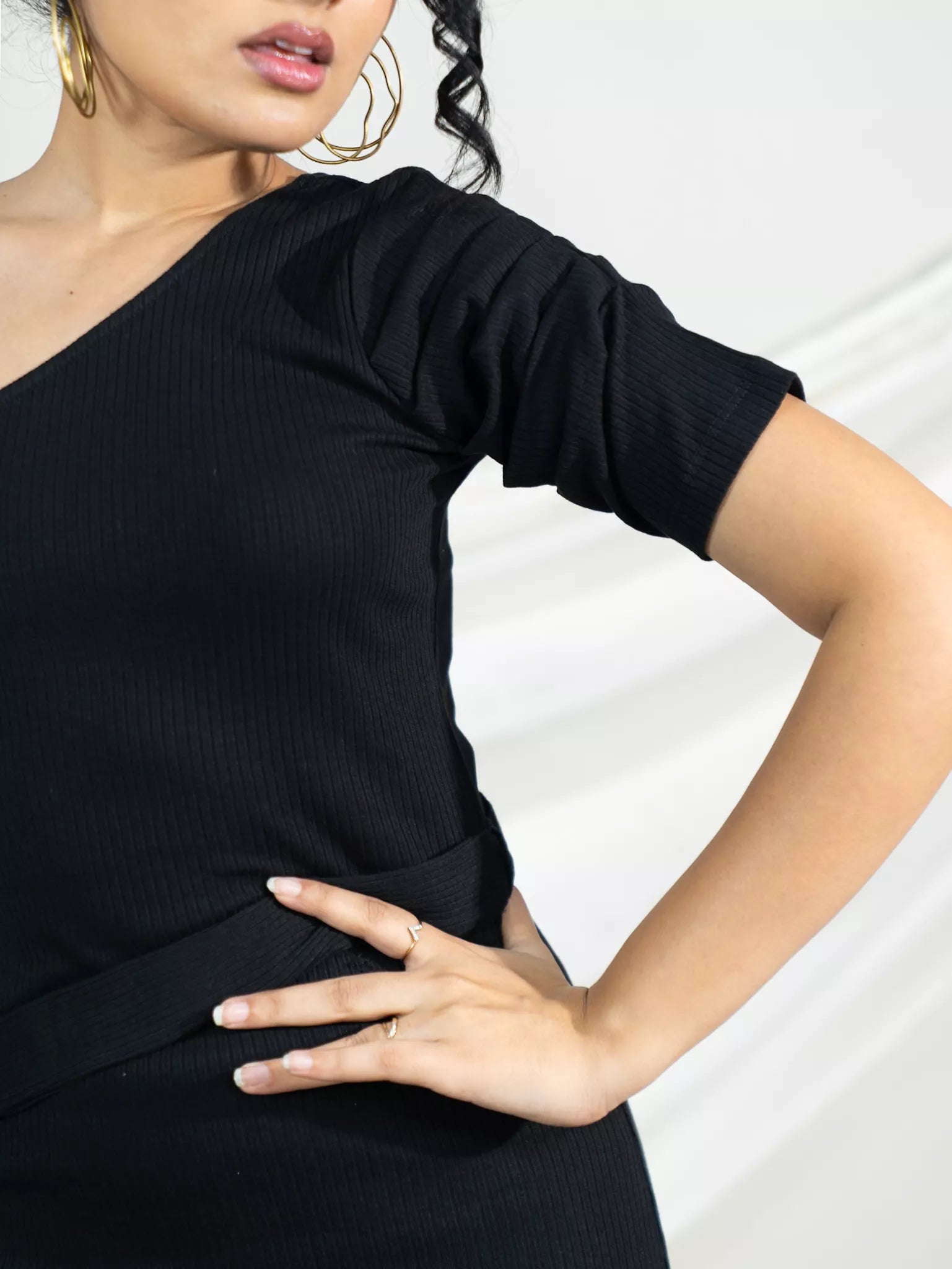 Black One Shoulder Rib Bodycon Dress