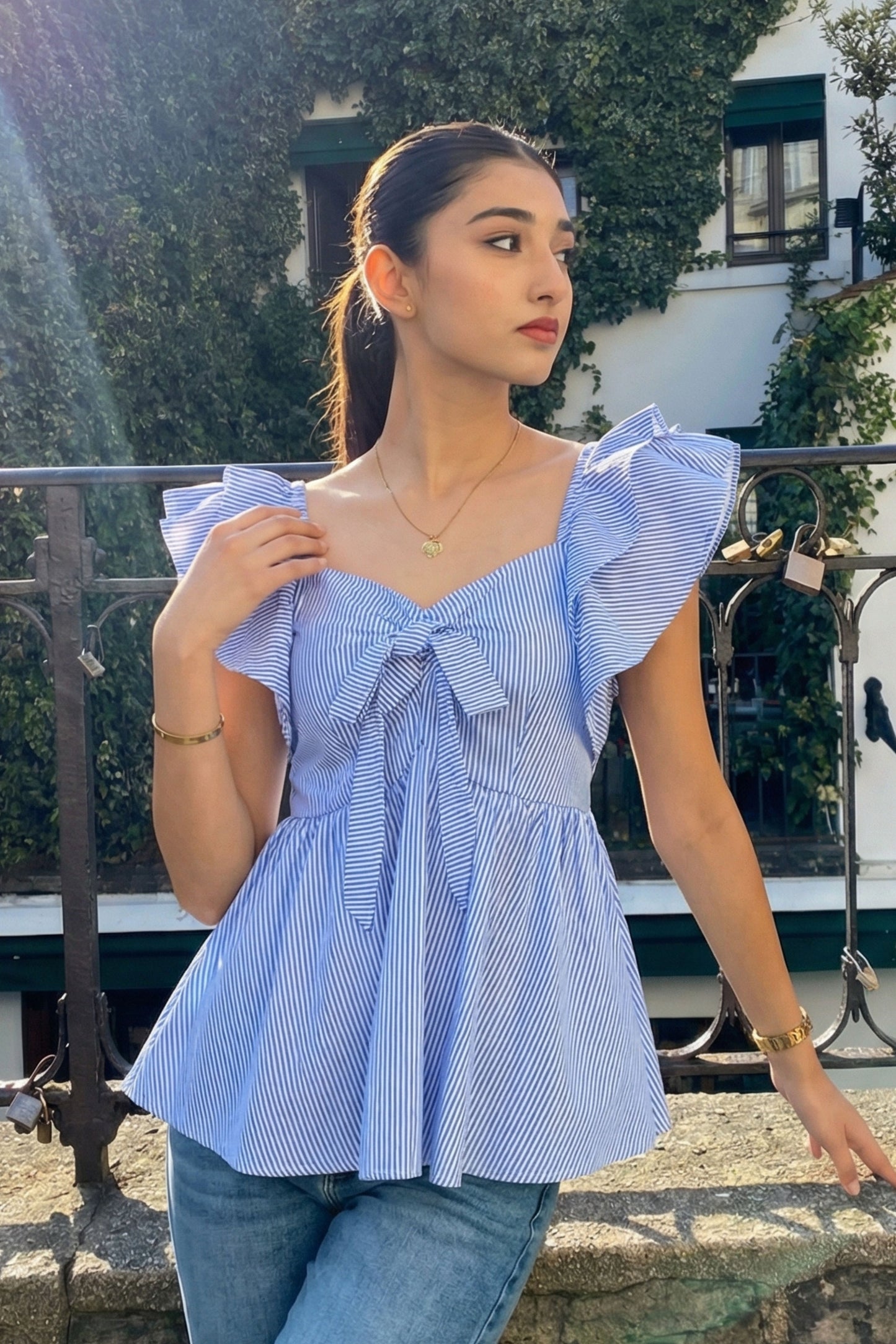 Blue Stripe Frill Top