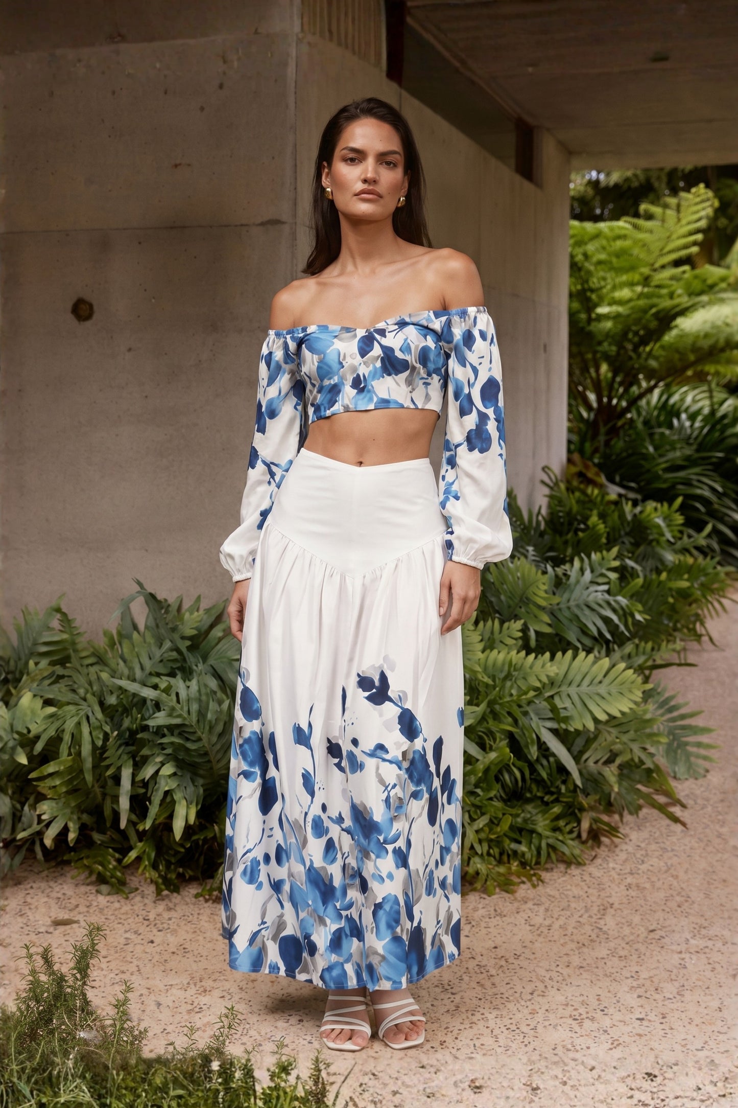 White Leaf Print Top With Skirt Cord Set