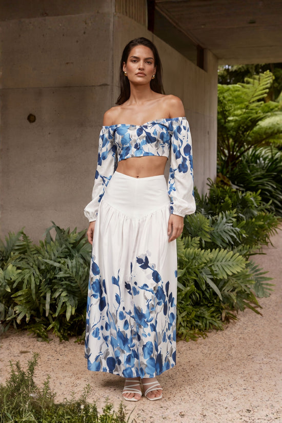 White Leaf Print Top With Skirt Cord Set