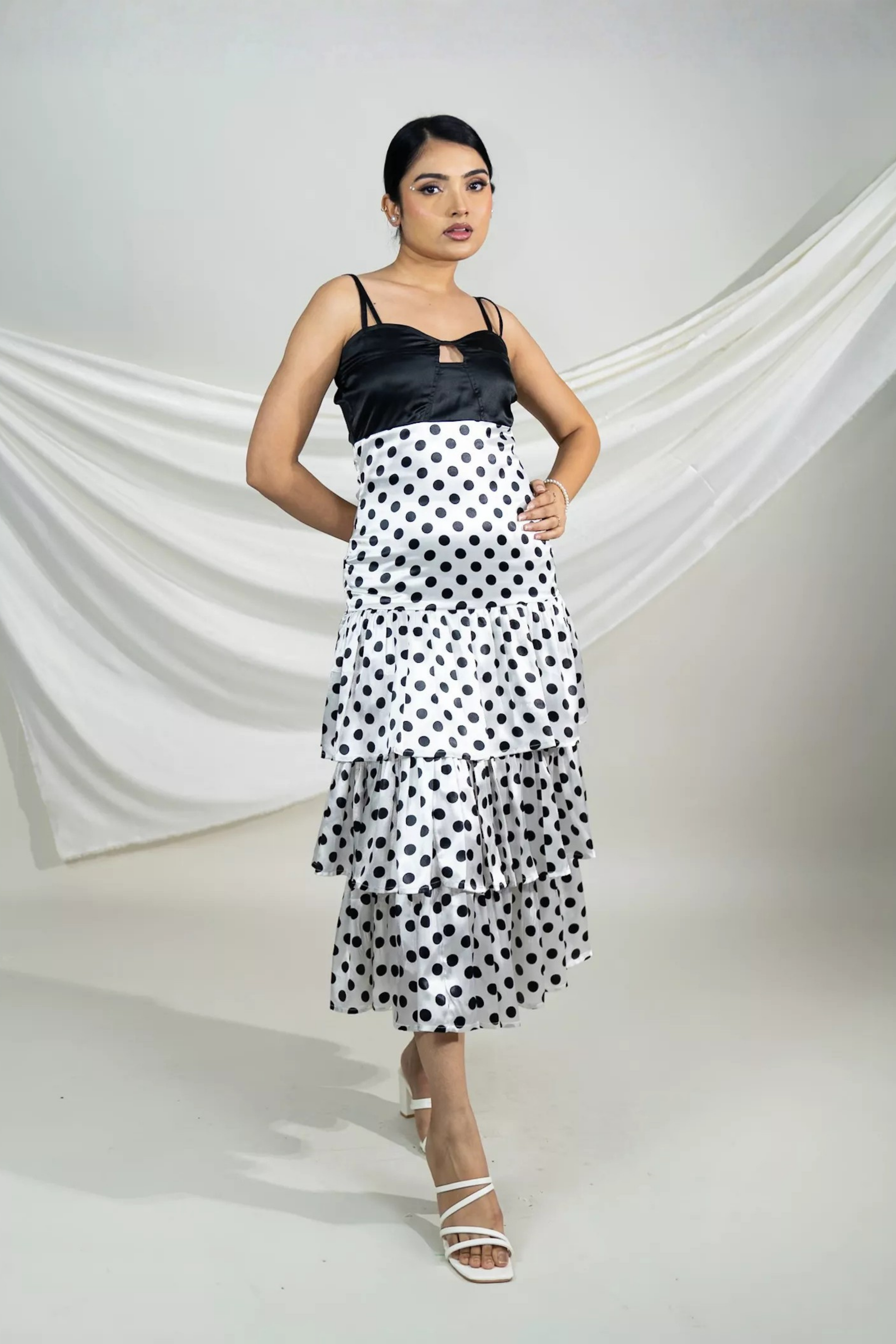 Monochrome Polka Tiered Midi Dress