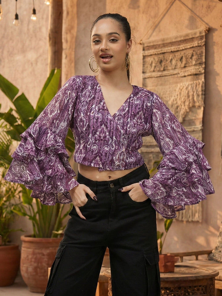 Purple Ikat Ruffle Sleeve Wrap Top