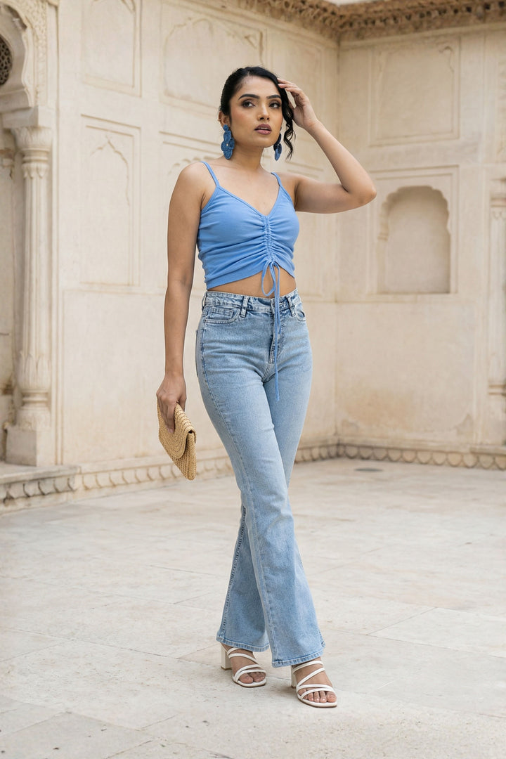 Blue Front Ruched Rib Top