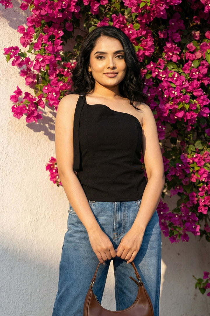 Black One Shoulder D Ring Top
