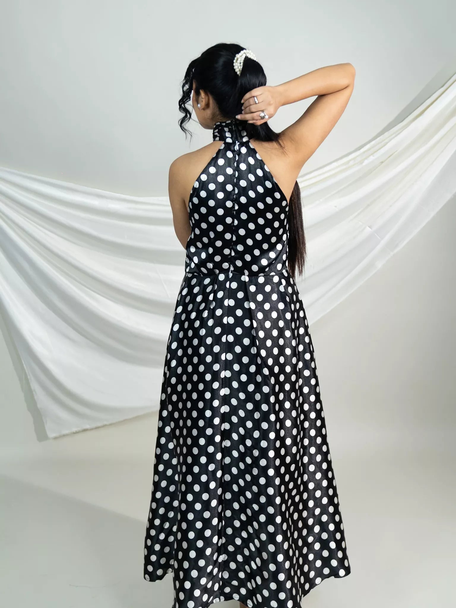 Polka Halter- Neck Bow Midi Dress