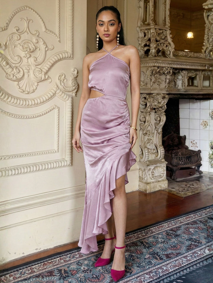 Blush Satin Draped Ruffled Dress