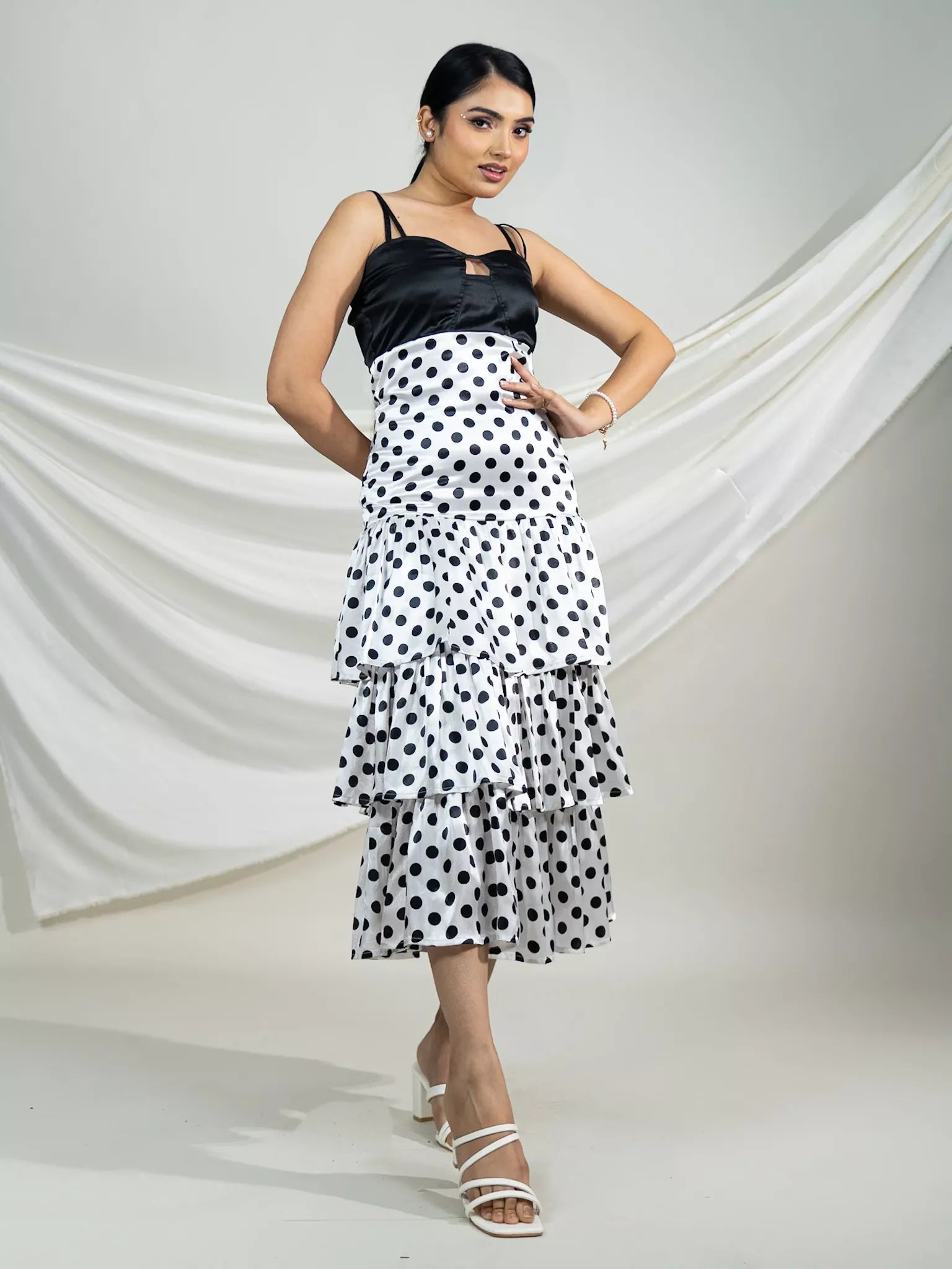 Monochrome Polka Tiered Midi Dress