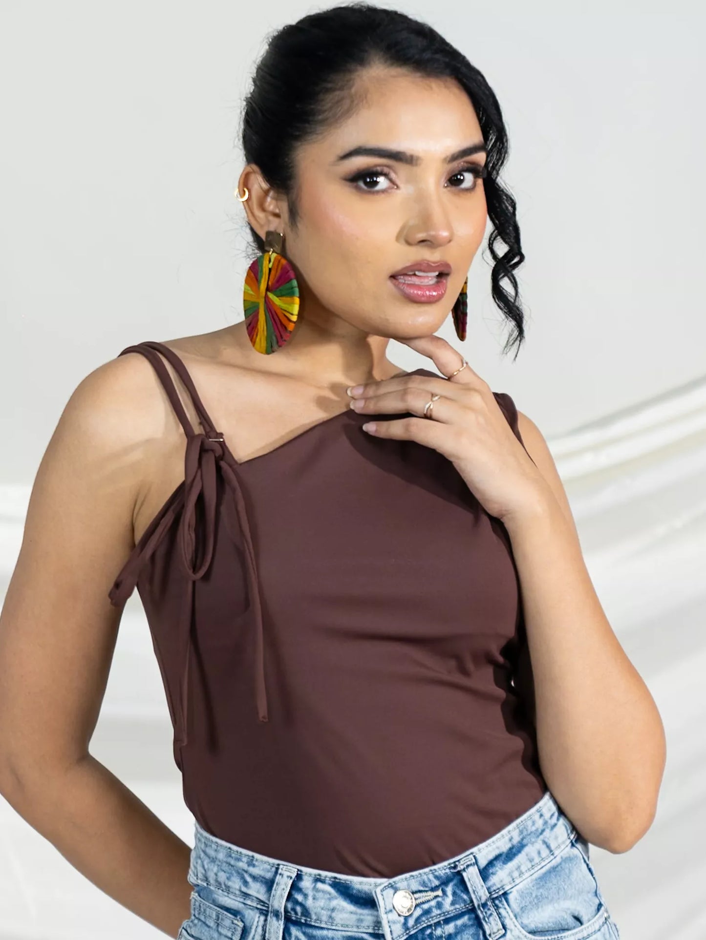 Brown One Shoulder Tie Top