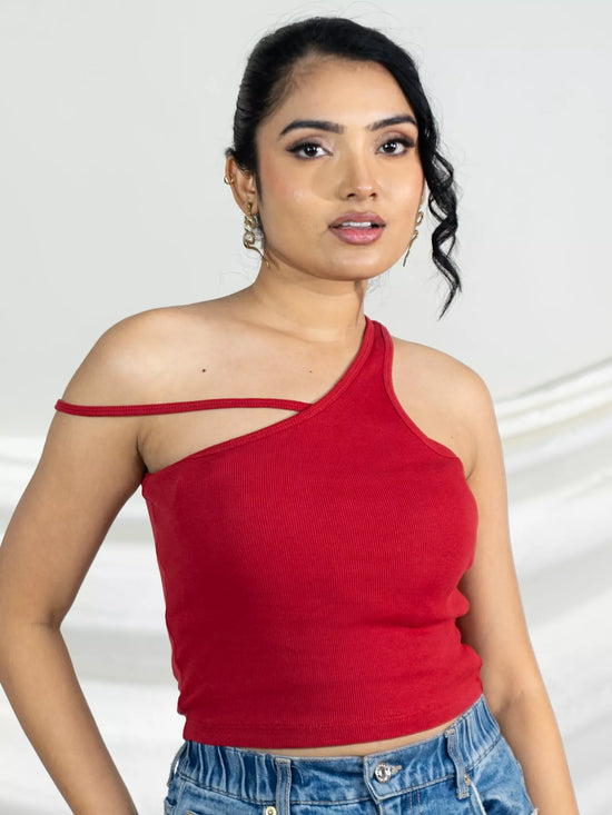 Red One Shoulder Rib Tank Top