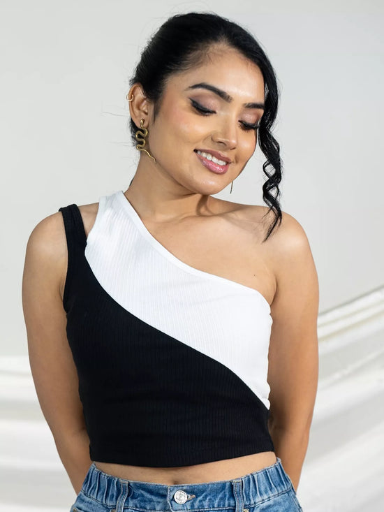 Black And White One Shoulder Tank Top