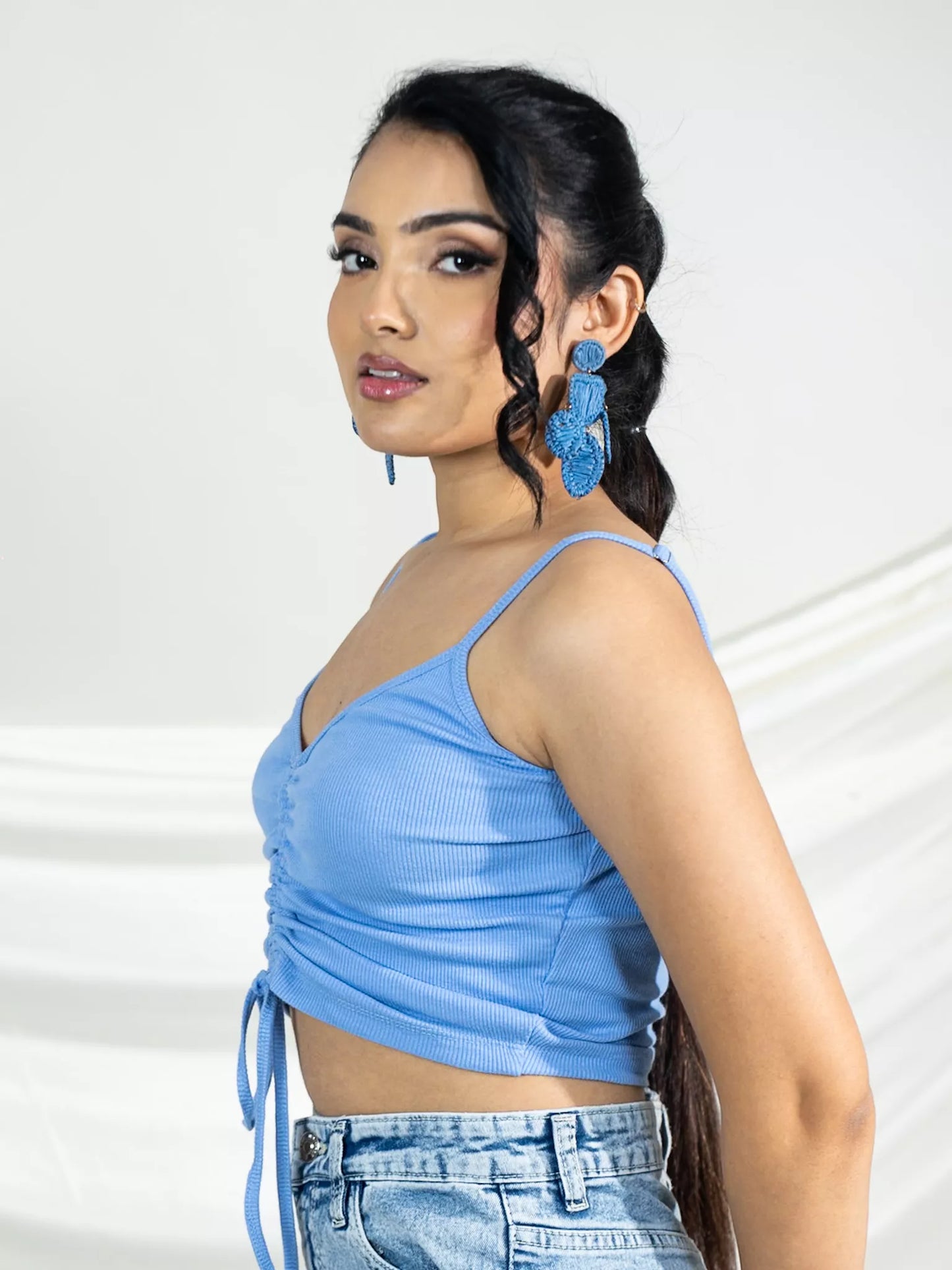 Blue Front Ruched Rib Top