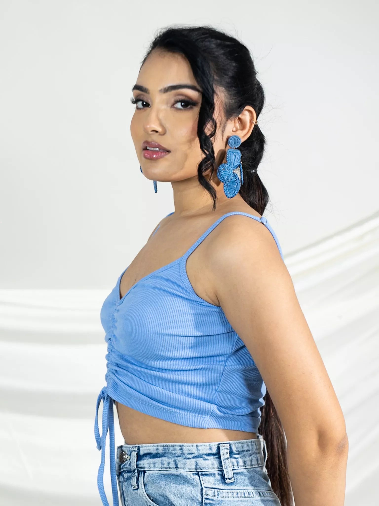 Blue Front Ruched Rib Top