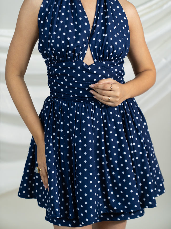 Navy Blue Polka Halter Mini Dress Main Image