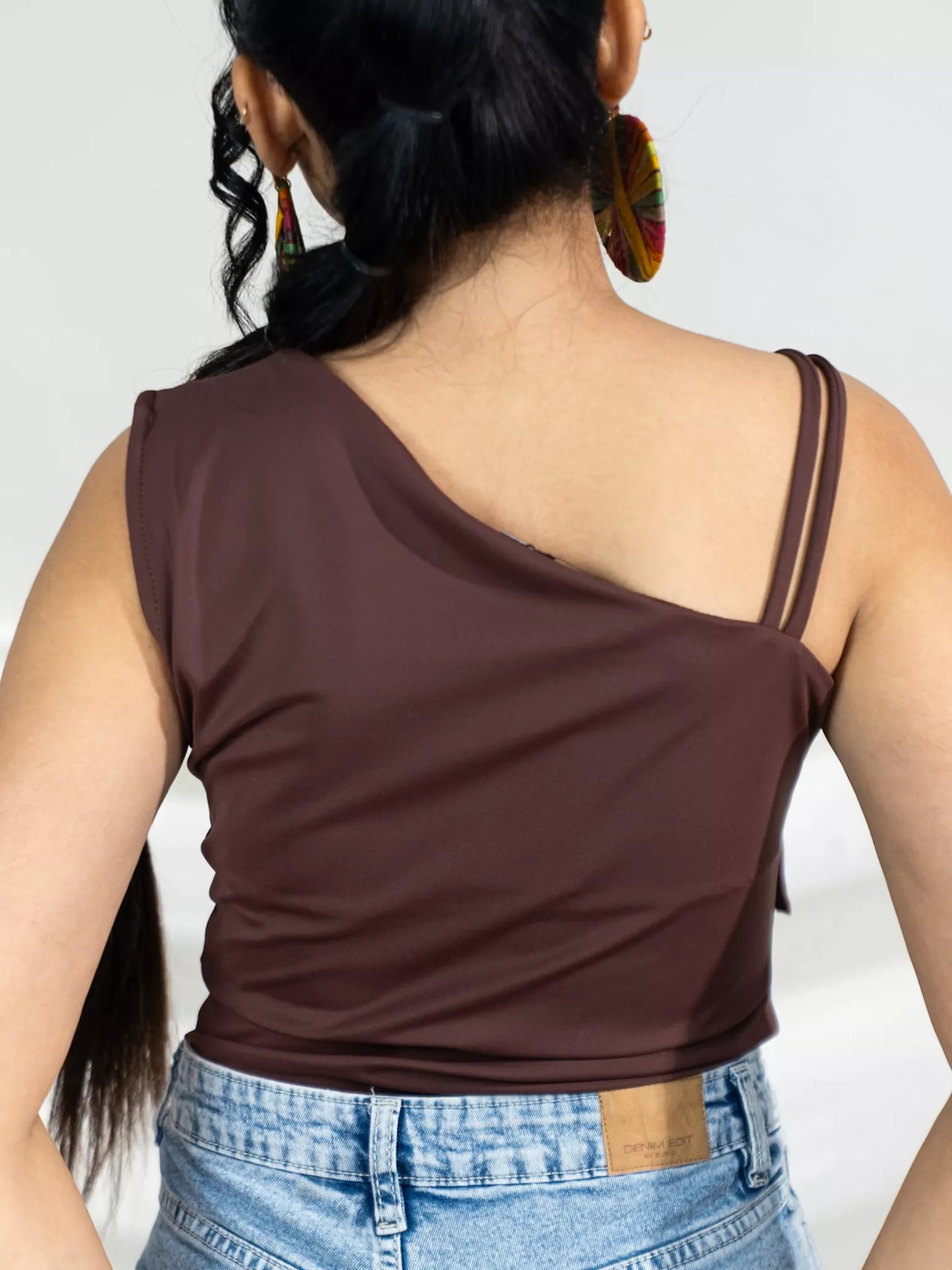 Brown One Shoulder Tie Top