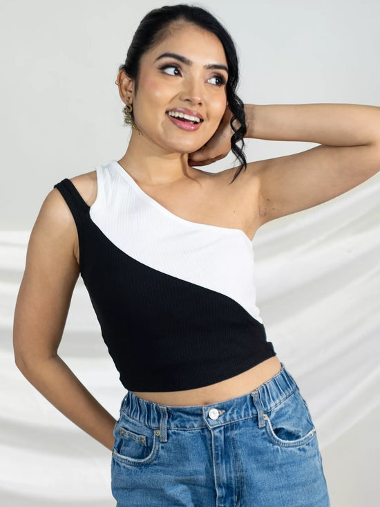 Black And White One Shoulder Tank Top