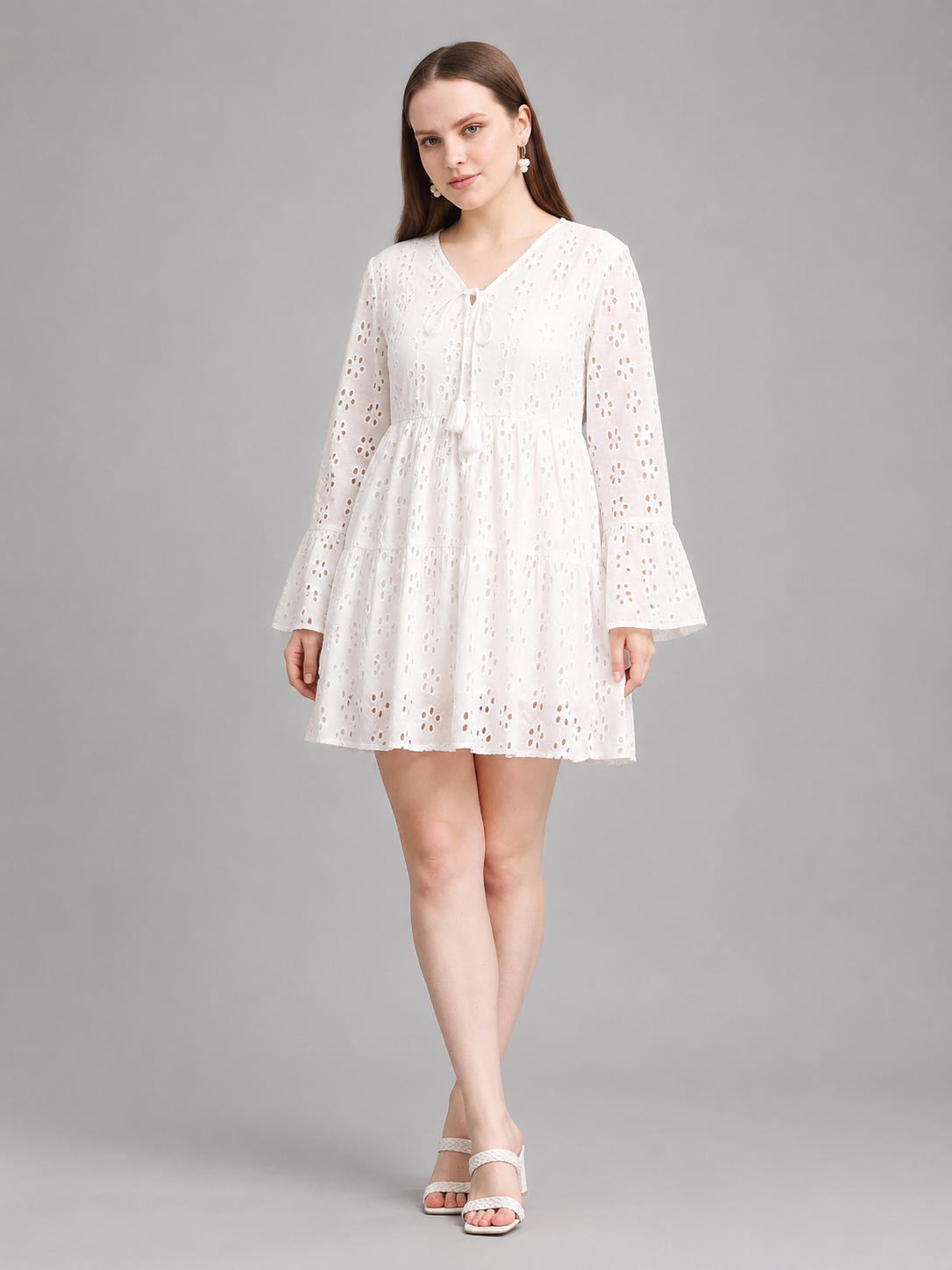 White Schiffli Sleeve Mini Dress