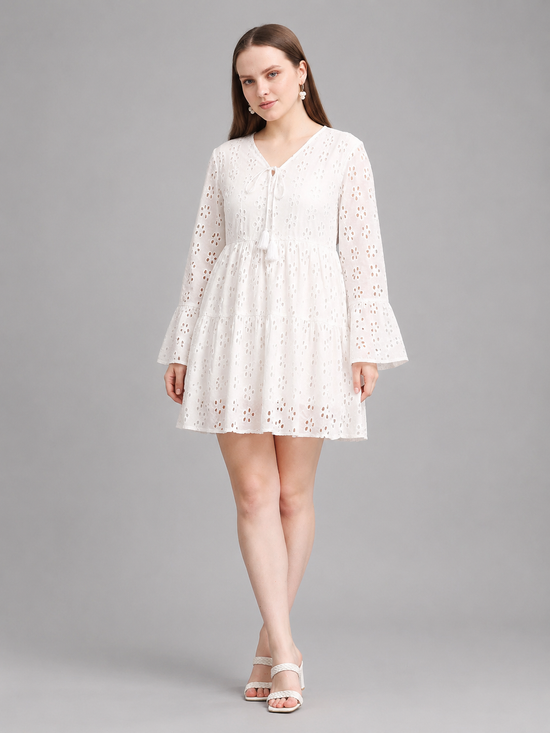 White Schiffli Sleeve Mini Dress