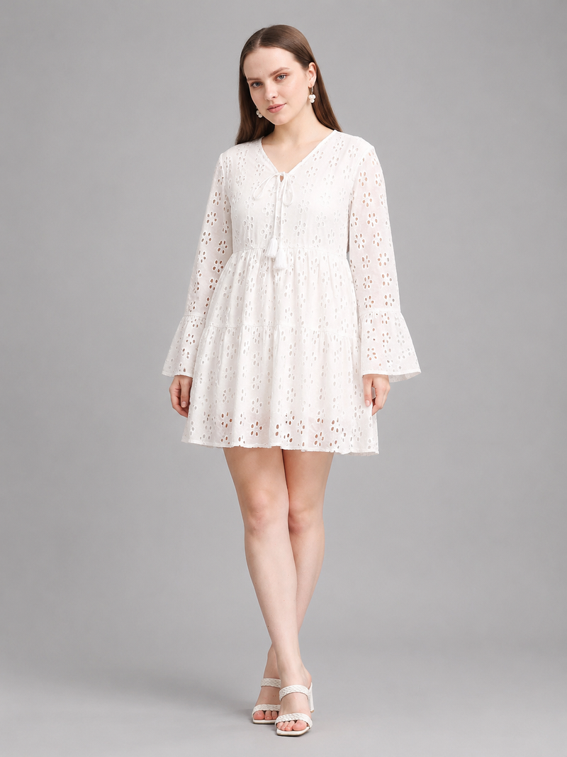 White Schiffli Sleeve Mini Dress