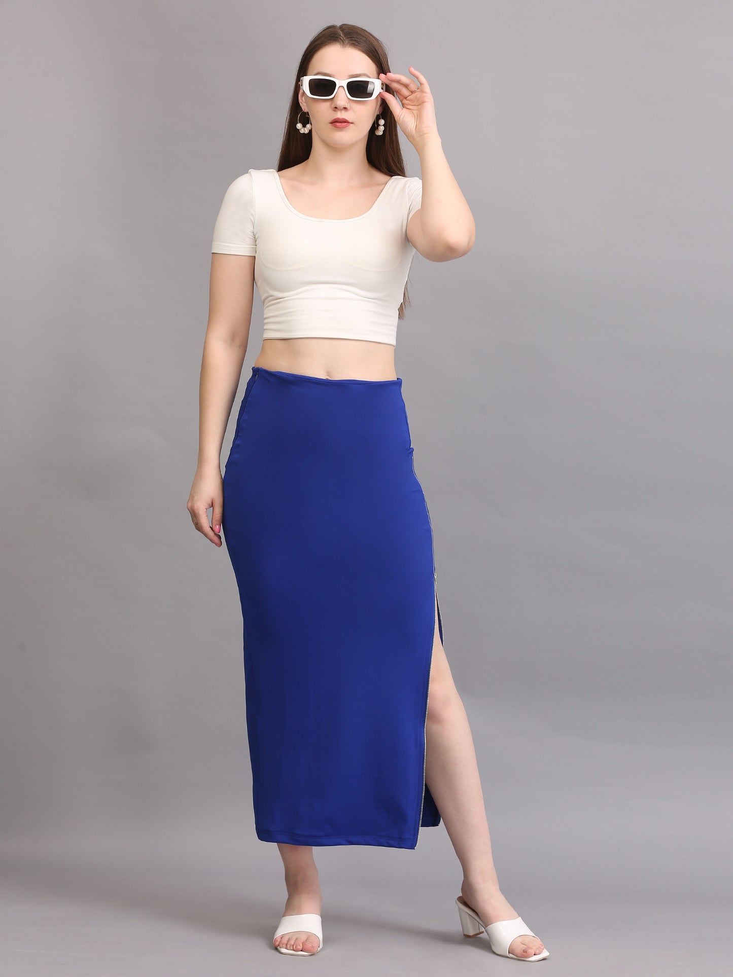 Royal Blue Side Slit Zipper Skirt