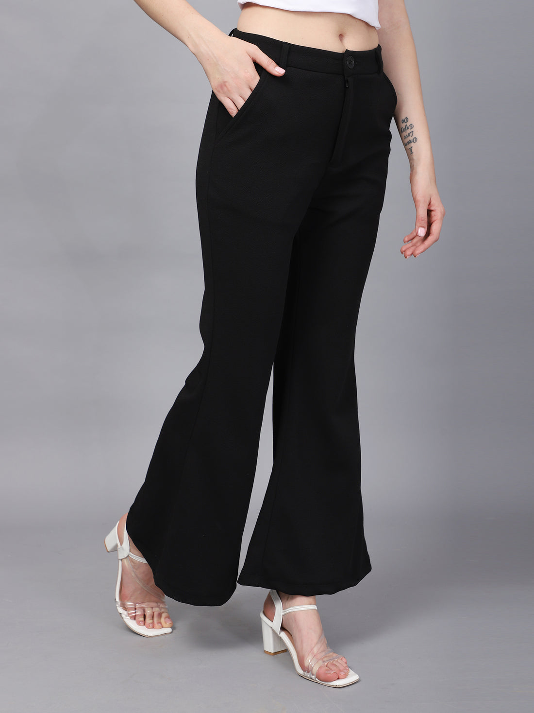 BLACK HIGH-RISE FLARED BOOTCUT TROUSERS