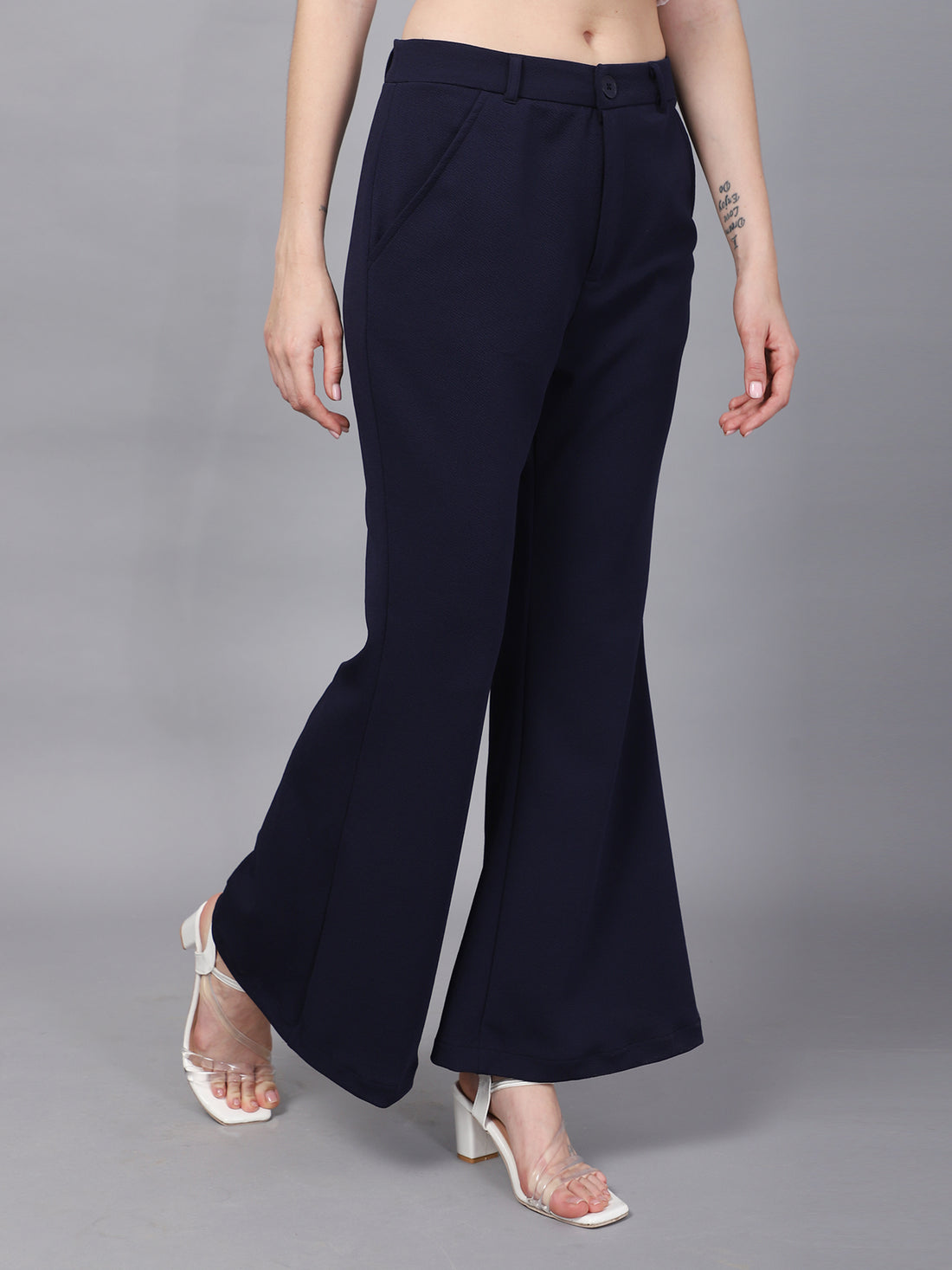 NAVY HIGH-RISE FLARED BOOTCUT TROUSERS