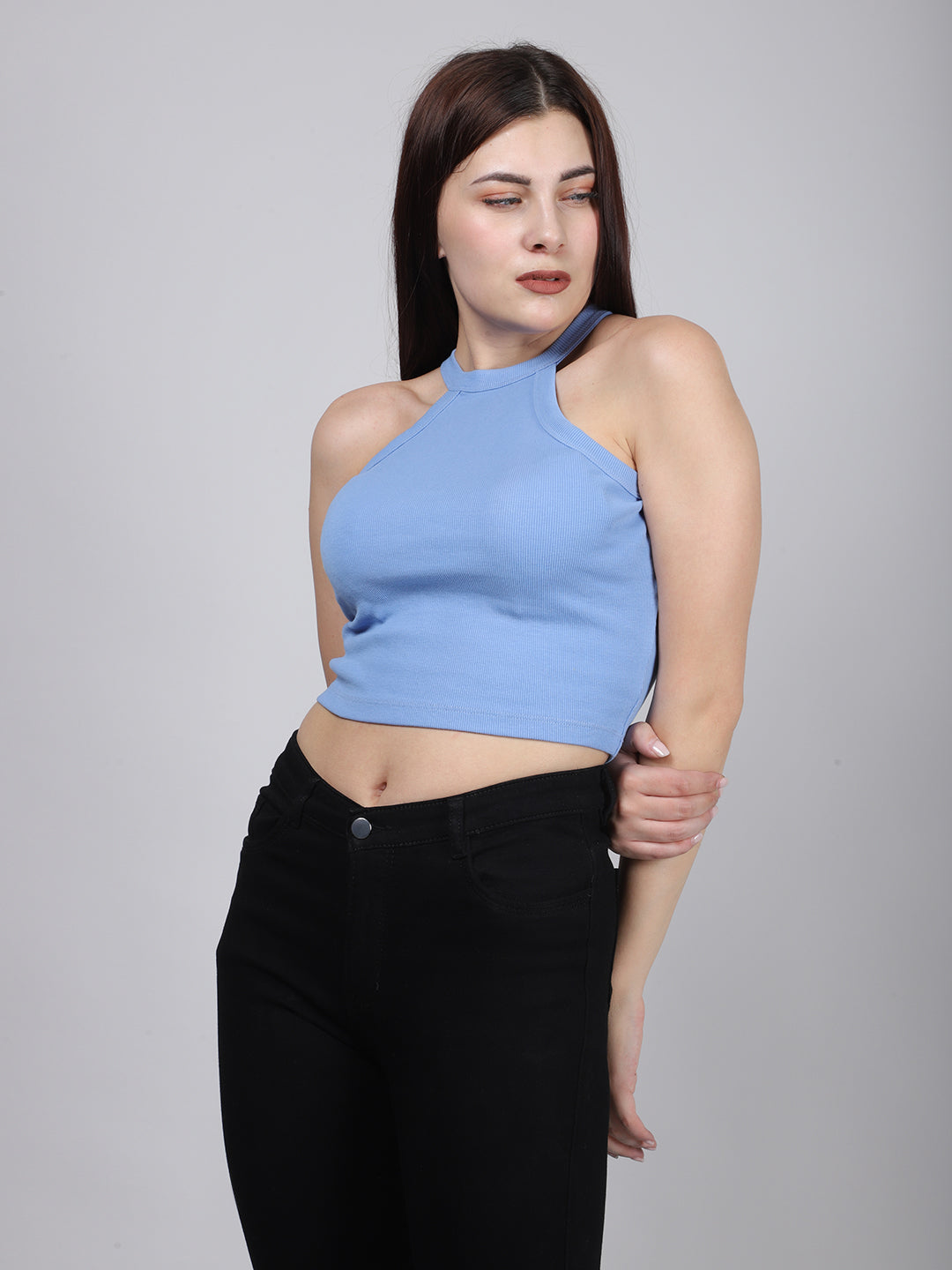 BLUE HALTER NECK RIB TOP