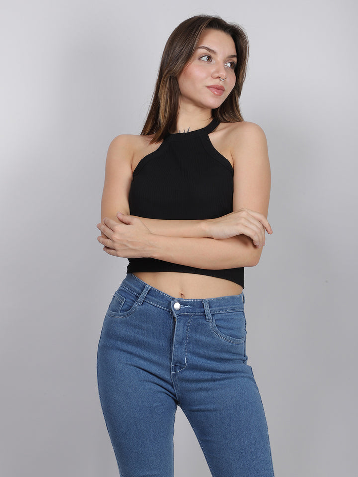 Black Halter Neck Rib Top
