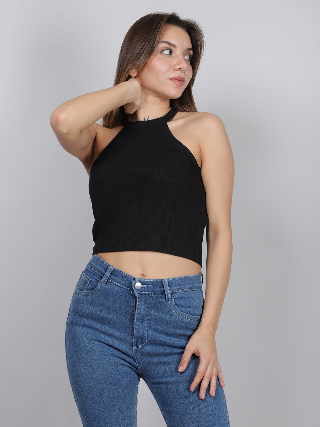 Black Halter Neck Rib Top