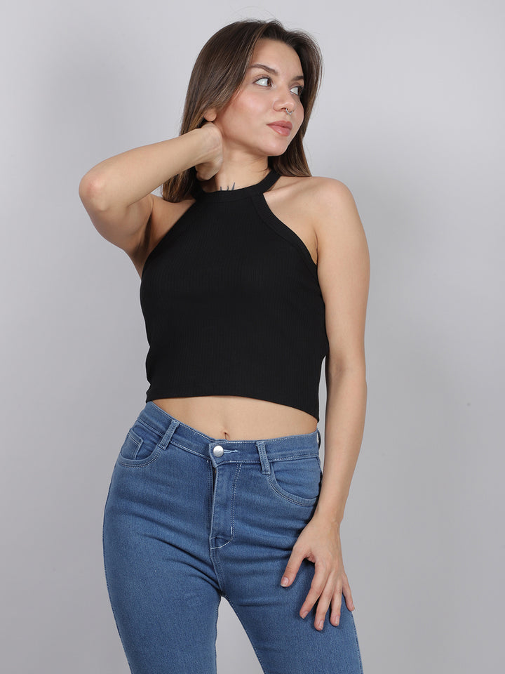 Black Halter Neck Rib Top
