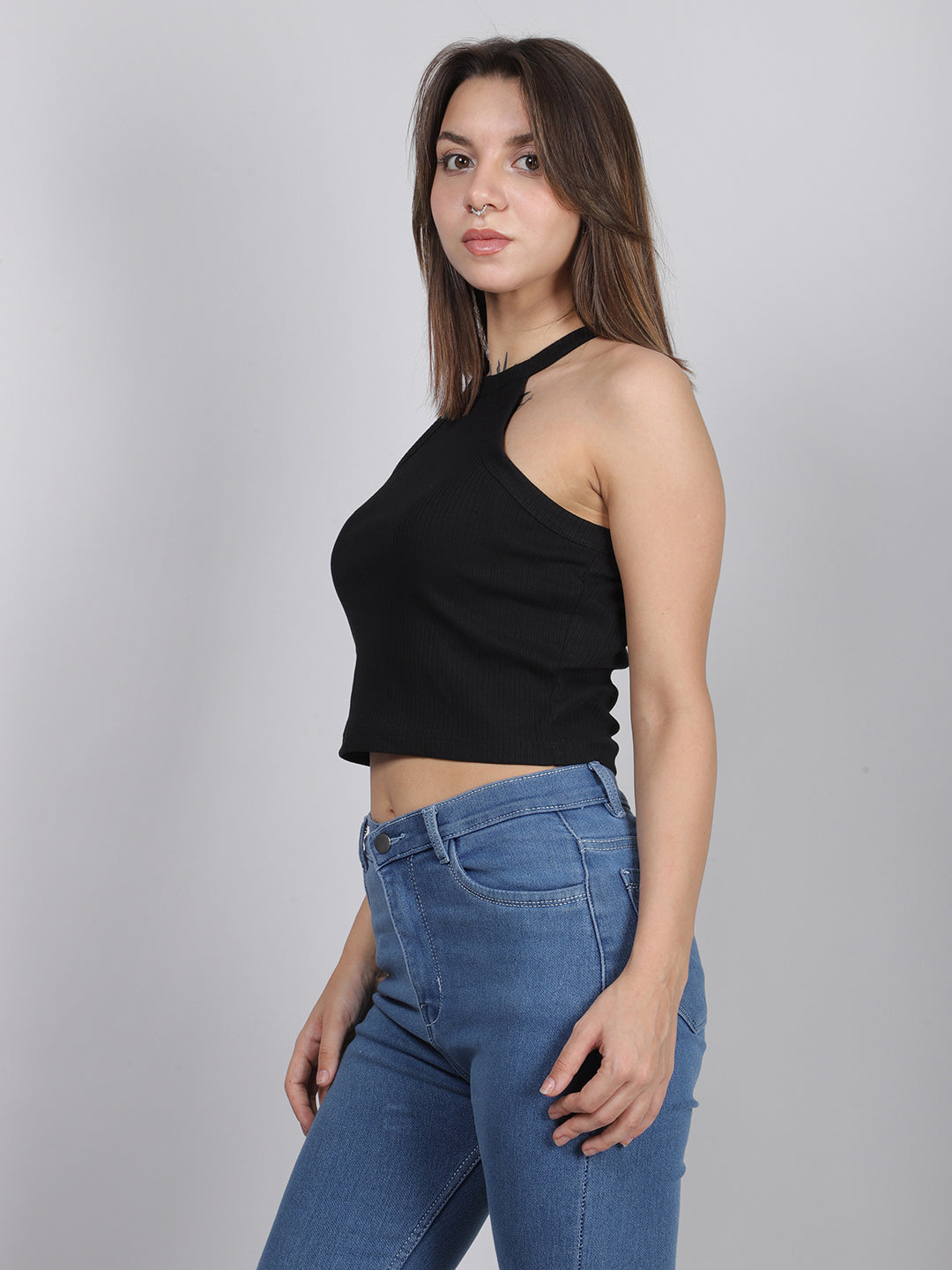 Black Halter Neck Rib Top
