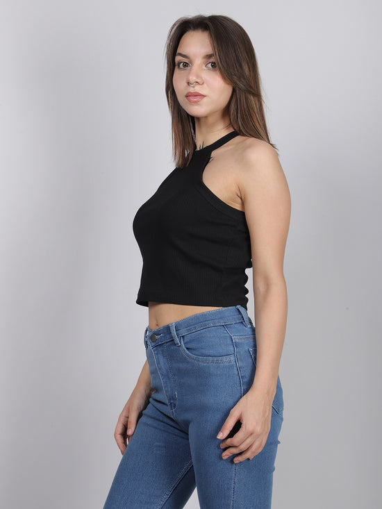 Black Halter Neck Rib Top
