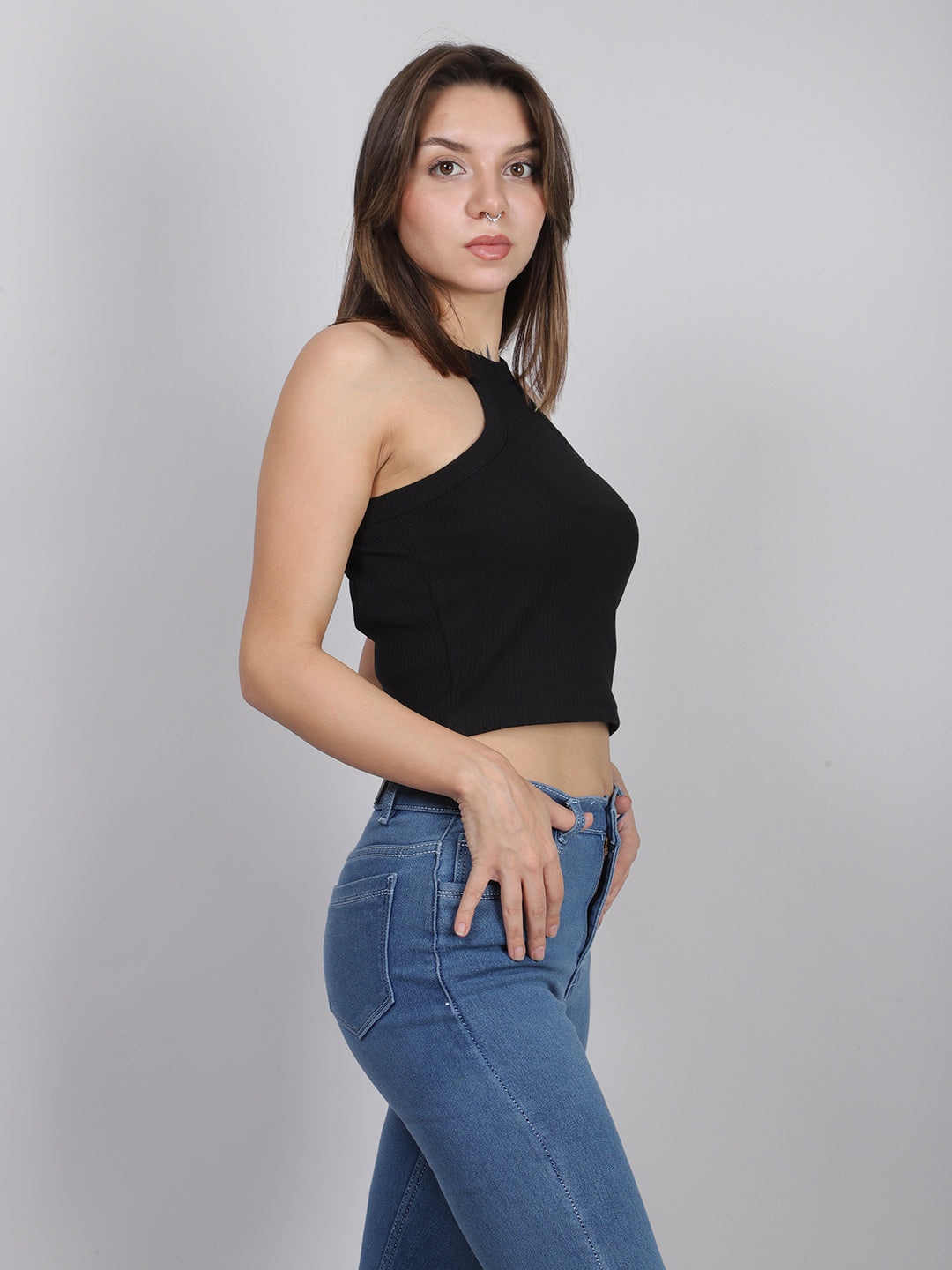 Black Halter Neck Rib Top